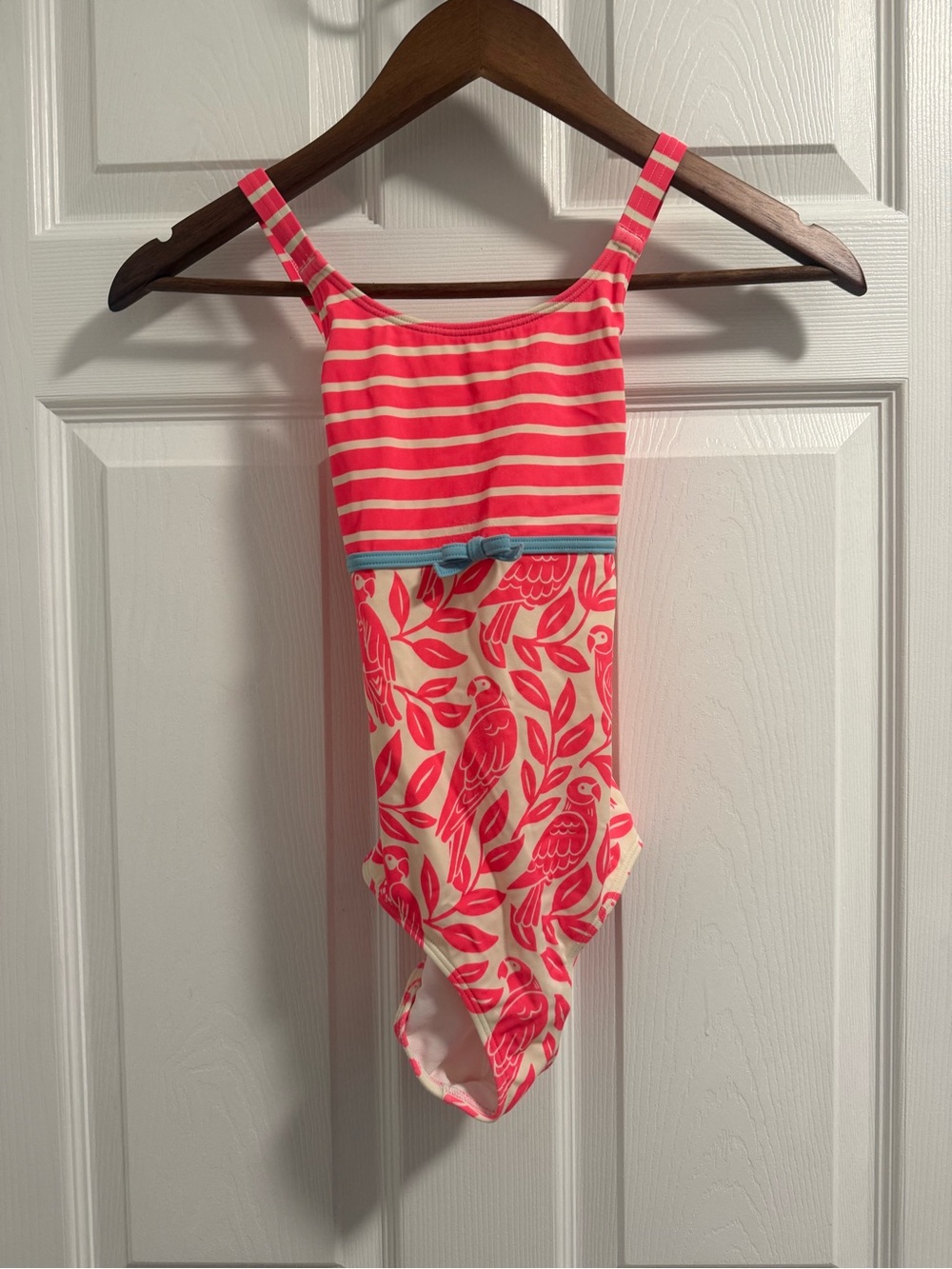 Mini Boden Coral Pink & Cream Bird-Print Swimsuit with Blue Bow